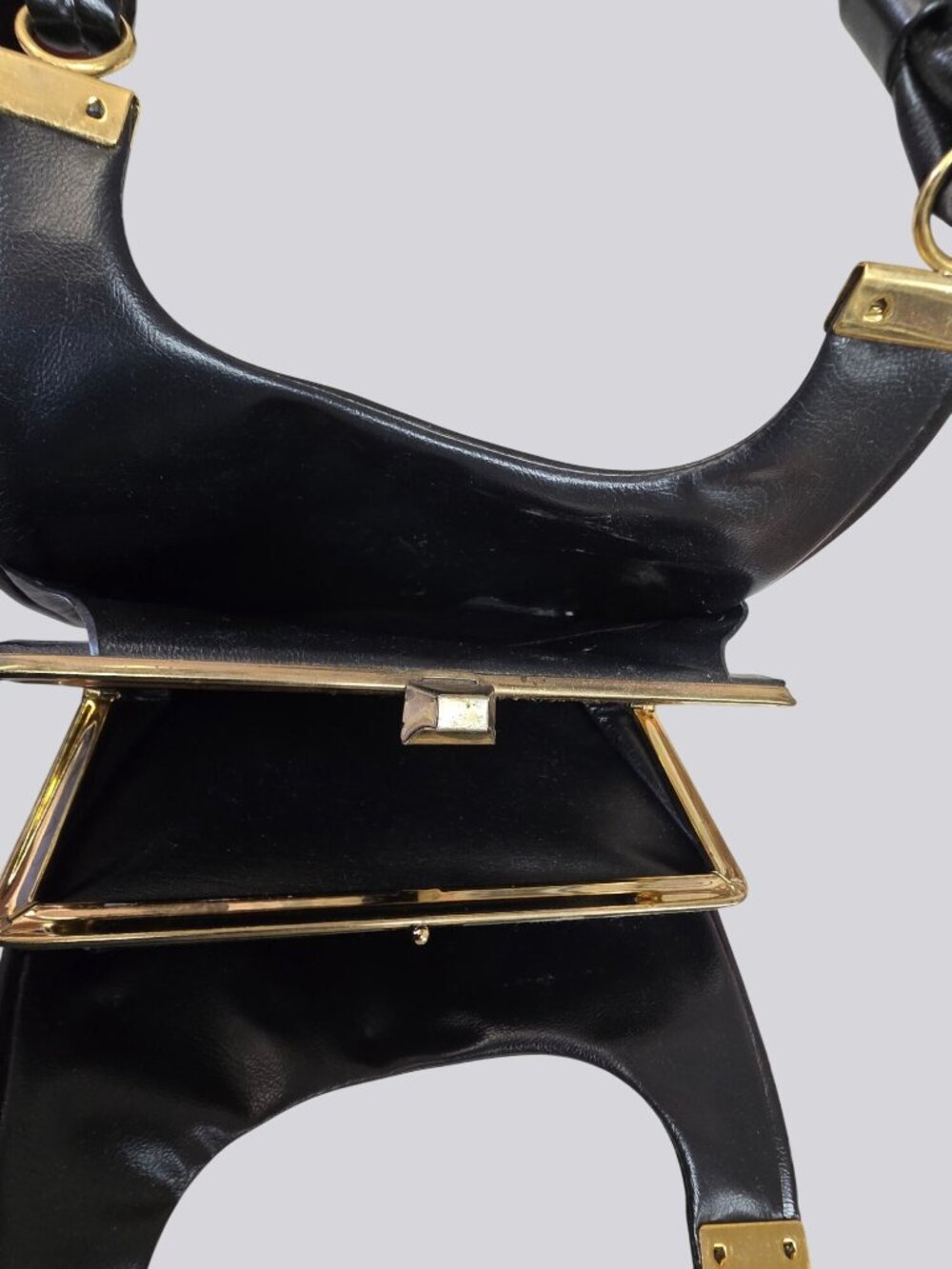 Vintage Black Leather Shoulder Bag Gold Accents & Dual Straps - Picture 6 of 15